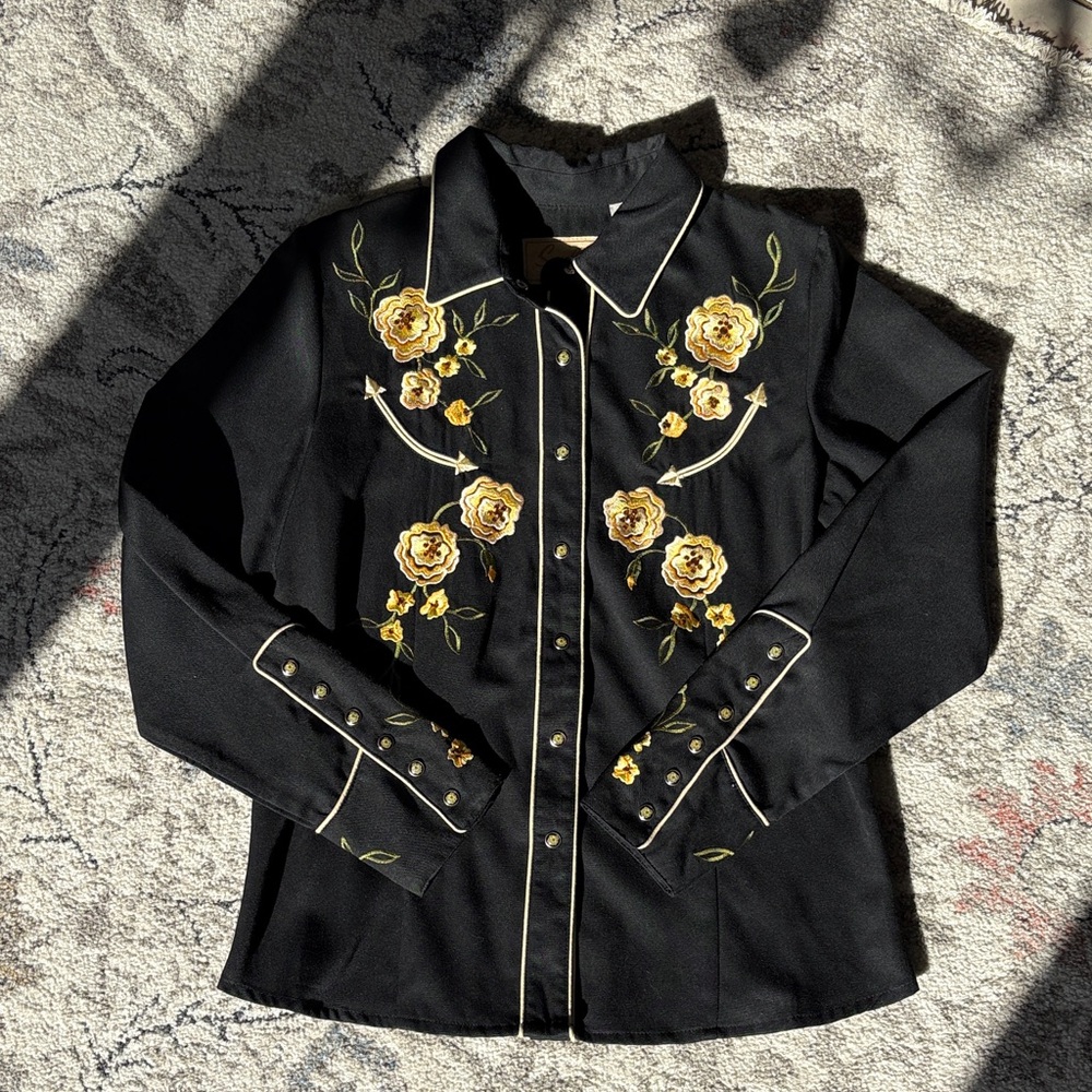 Scully Black Button Down Shirt with Yellow Floral Embroidery